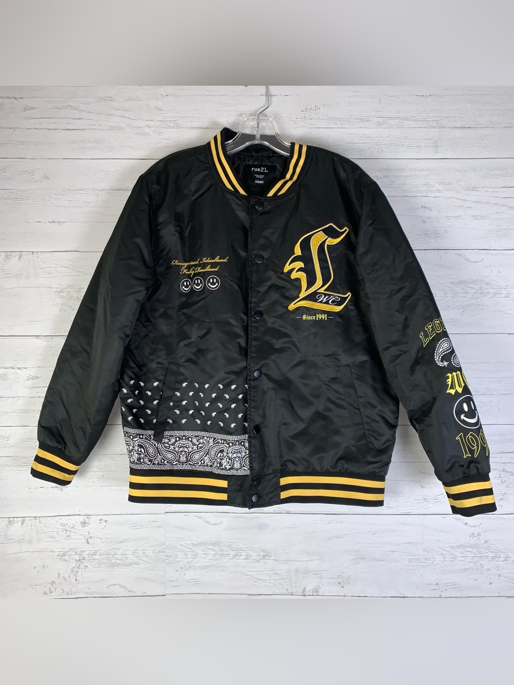 Rue 21 Mens West Coast Legend Black/yellow Bomber Style Jacket Size small